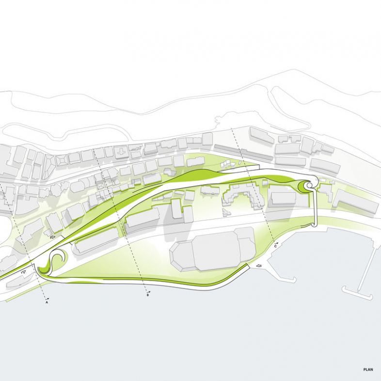 A pedestrian friendly programmatic landscape and loop linking the water from to the inner residential area on higher level- a project by Xiaoyuan Zhang